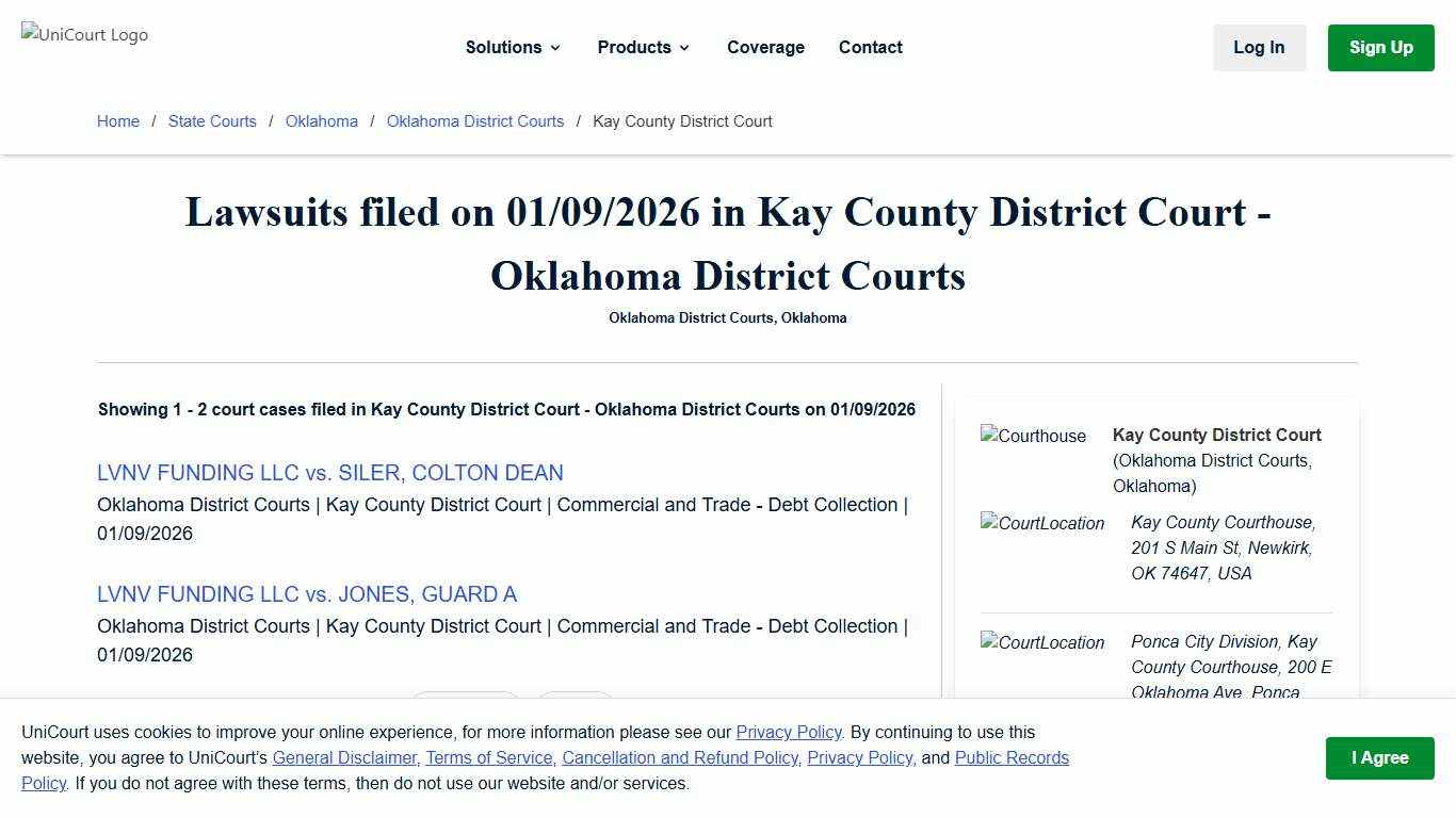 Lawsuits filed on 01/09/2026 in Kay County District Court - Oklahoma District Courts - (1 to 2) UniCourt