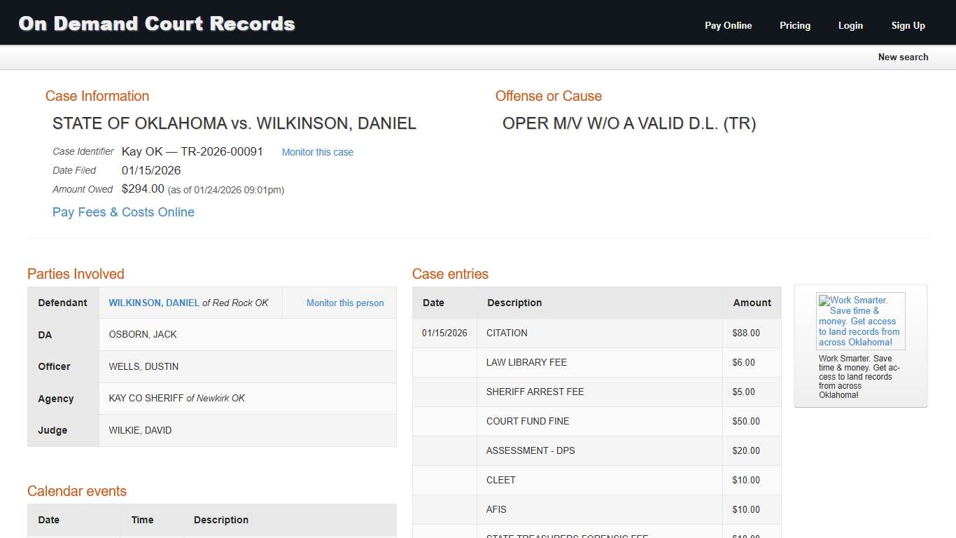 "STATE OF OKLAHOMA vs. WILKINSON, DANIEL " (TR-2026-00091) On Demand Court Records