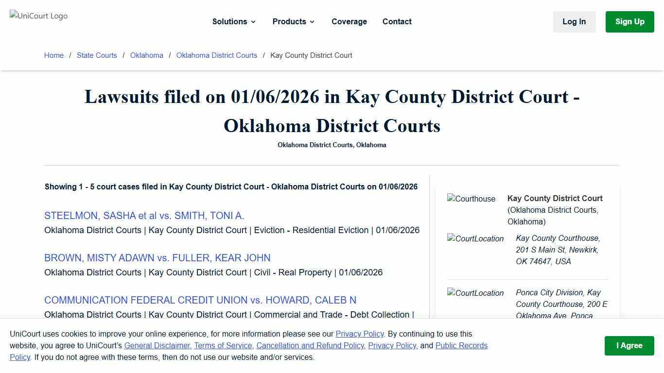 Lawsuits filed on 01/06/2026 in Kay County District Court - Oklahoma District Courts - (1 to 5) UniCourt