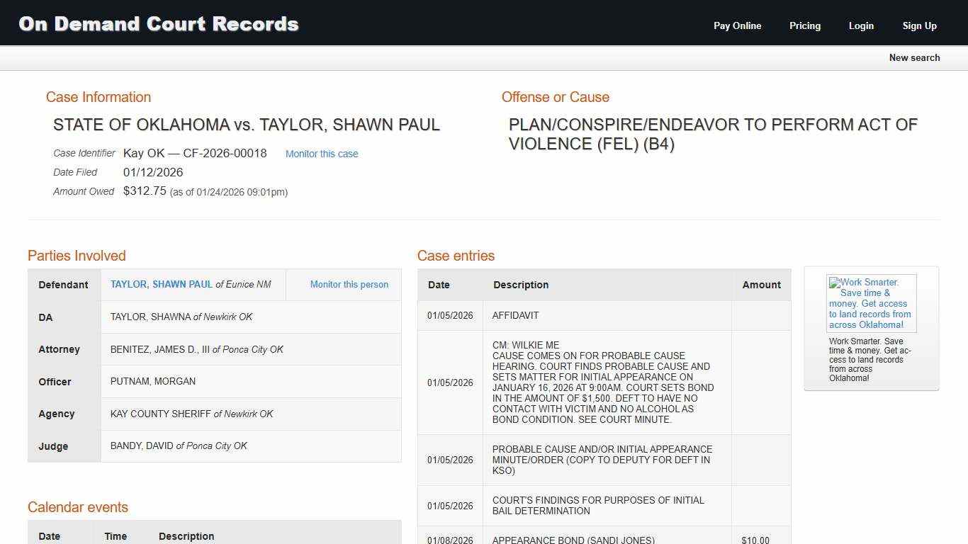 "STATE OF OKLAHOMA vs. TAYLOR, SHAWN PAUL " (CF-2026-00018) On Demand Court Records